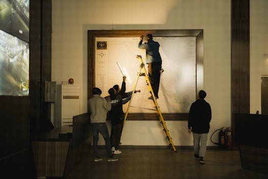 A group of adults working together to install a large map indoors with focused lighting.