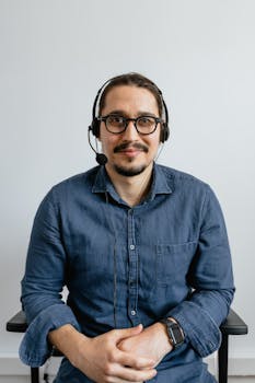 Smiling customer support agent wearing a headset, ready to assist.