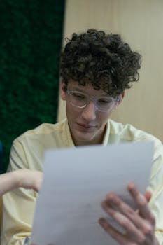 A young man with curly hair and glasses attentively reads a document indoors.